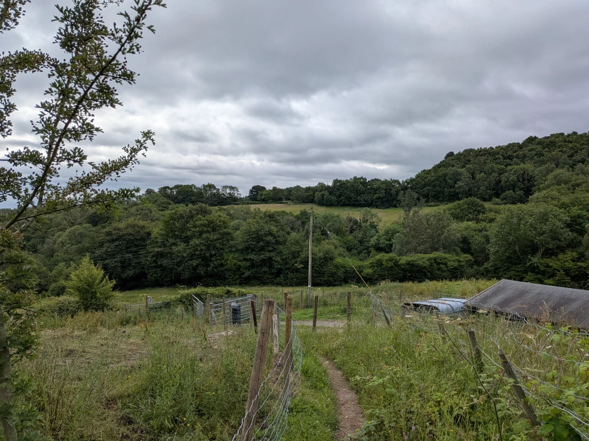 The exit of the bridle path with a view over more hills.
