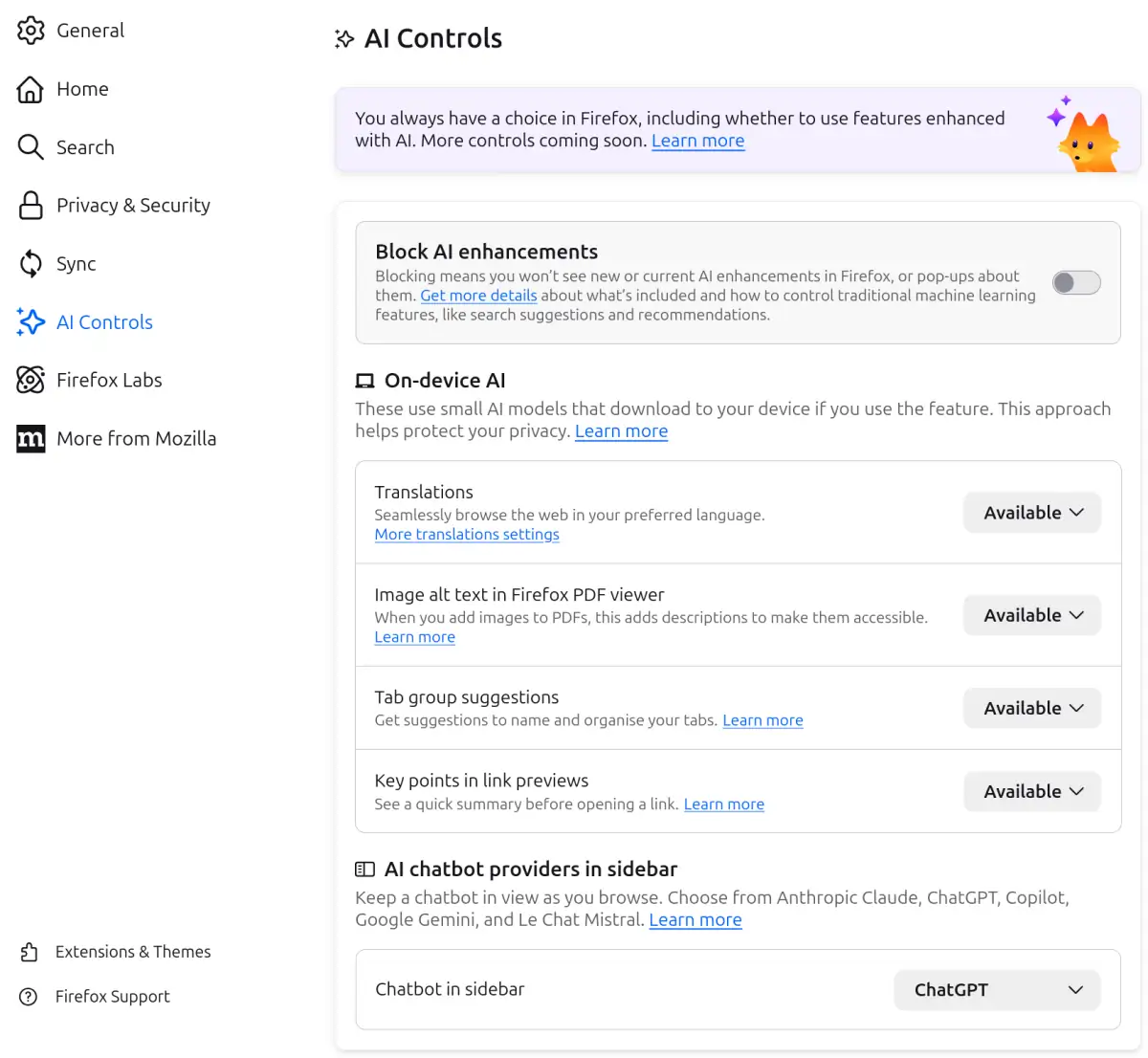 Firefox AI settings