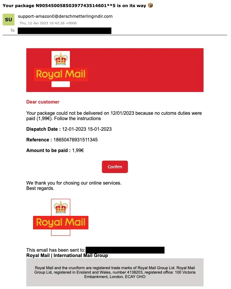 Royal Mail themed phishing email