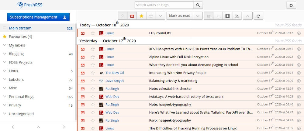 The FreshRSS web interface