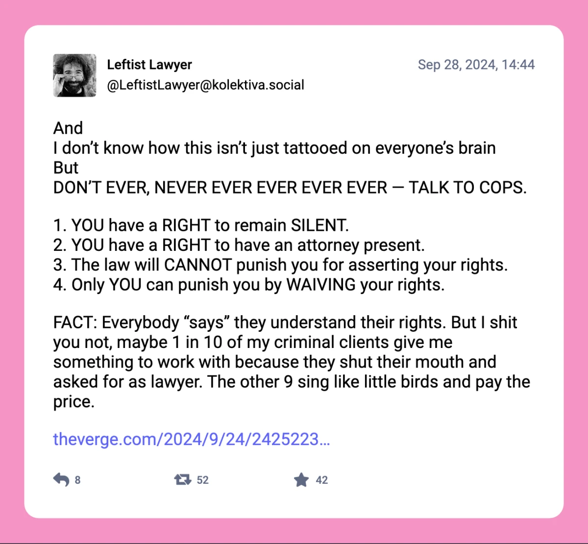 A post from "Leftist Lawyer" about how you should keep quiet if stopped by the Police