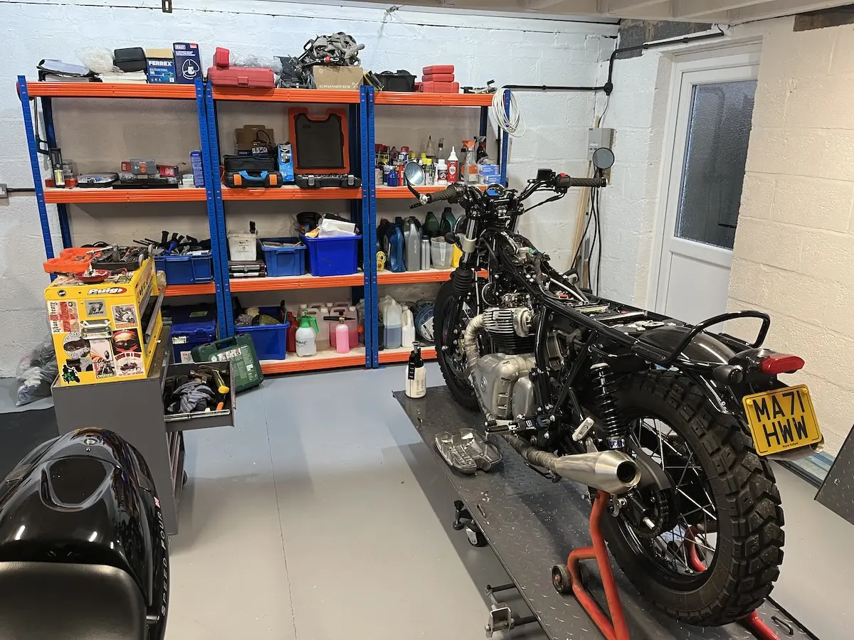 My Royal Enfield, being serviced in the garage