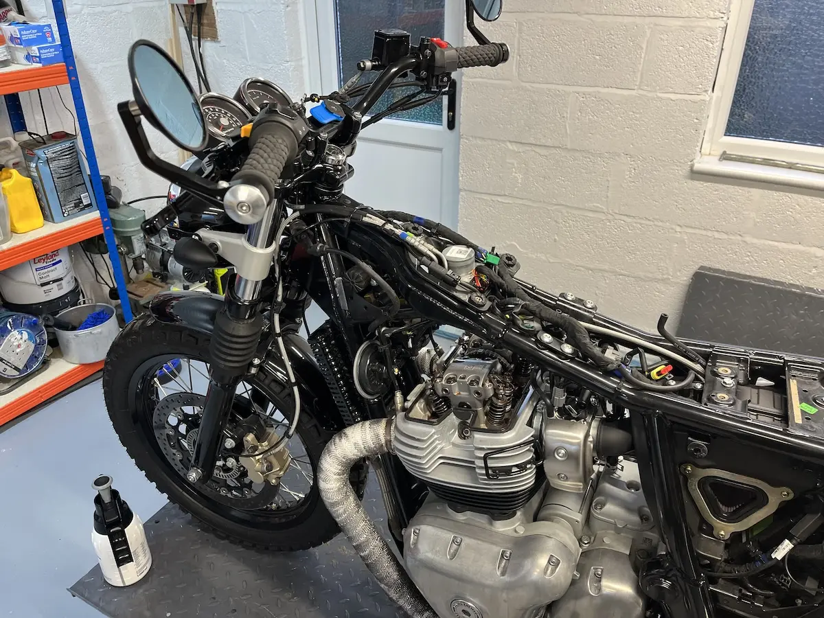 A close up of my Royal Enfield being serviced