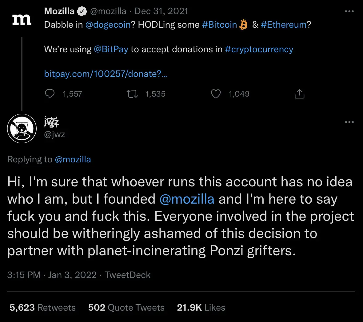 Reply from Mozilla founder in response to a Mozilla tweet about crypto