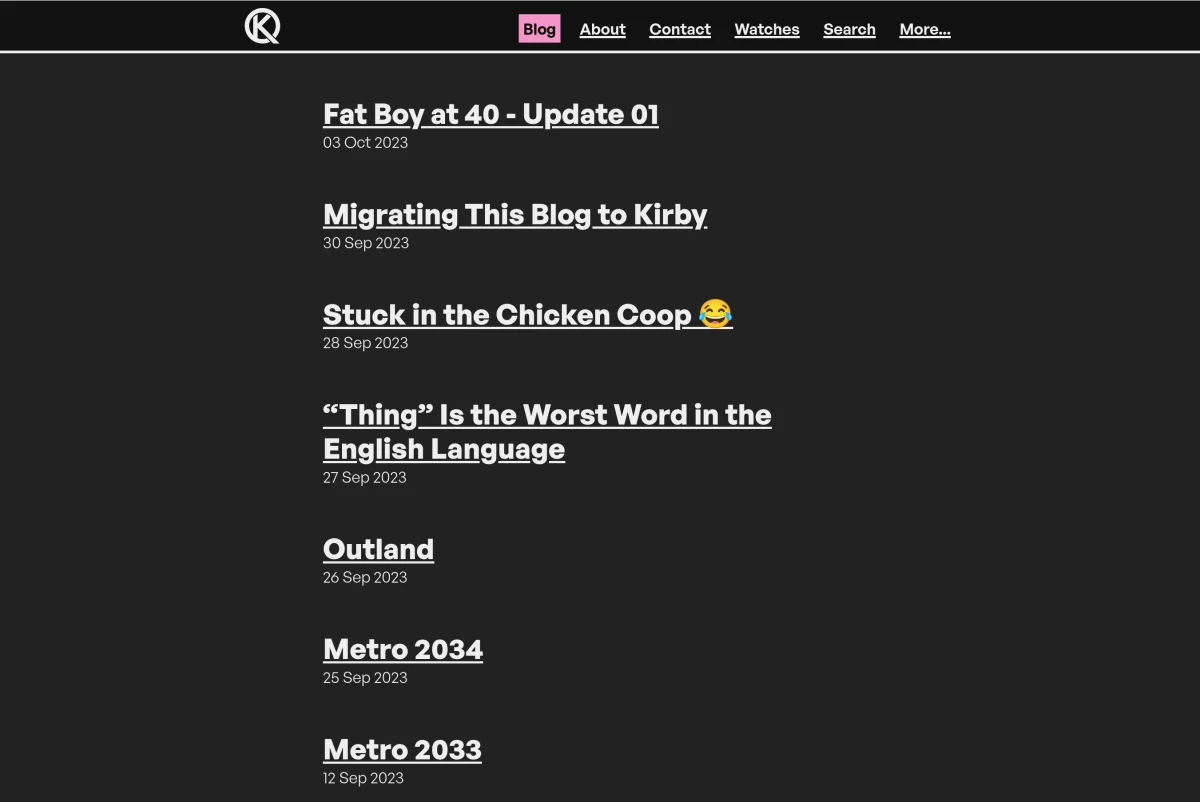 My site in September 2023 (dark mode)