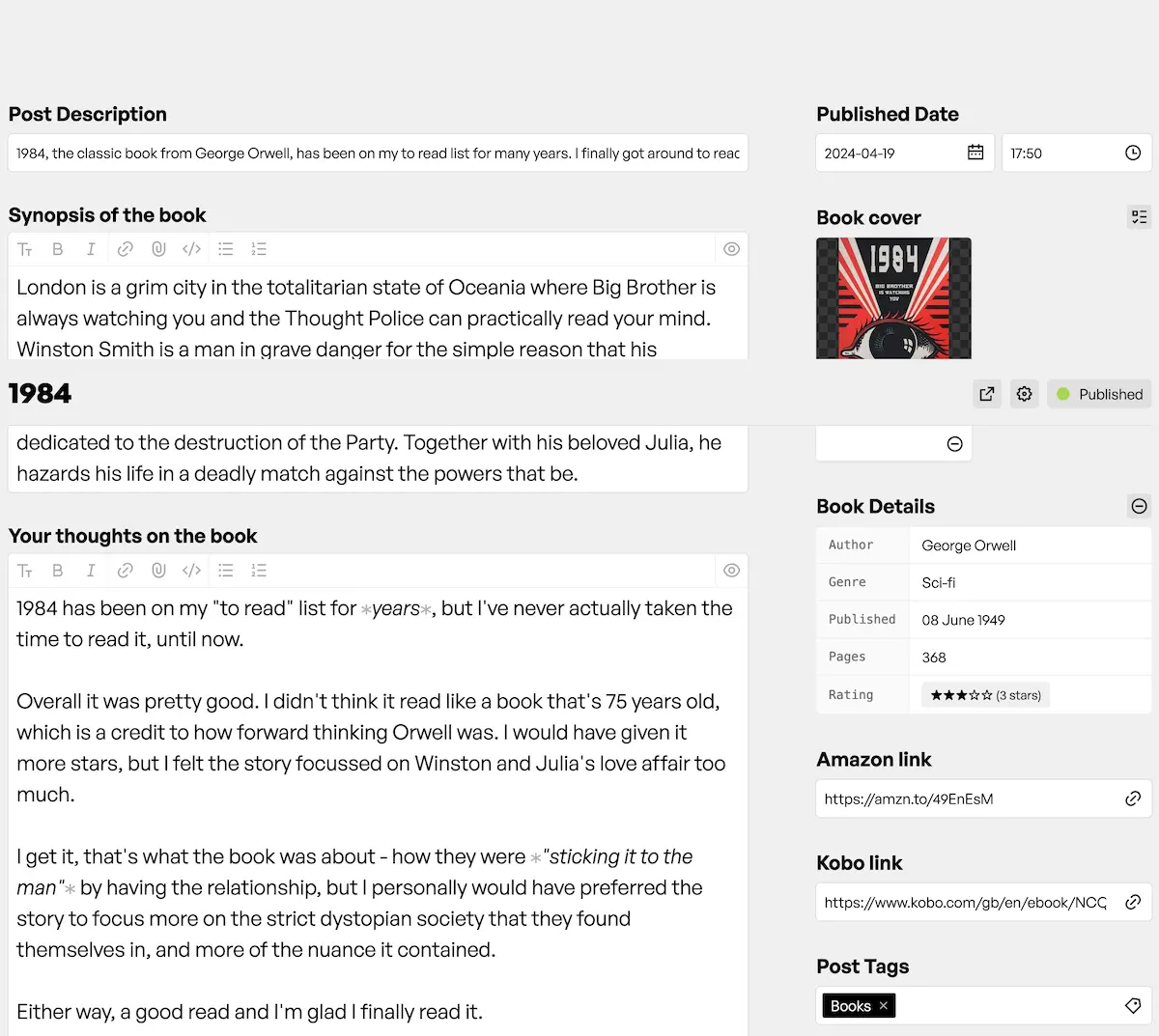 Screenshot of my books blueprint