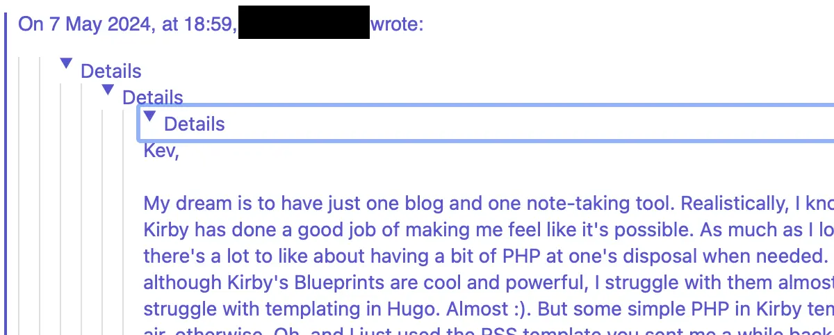Screenshot of my reply to Jack with nested details elements